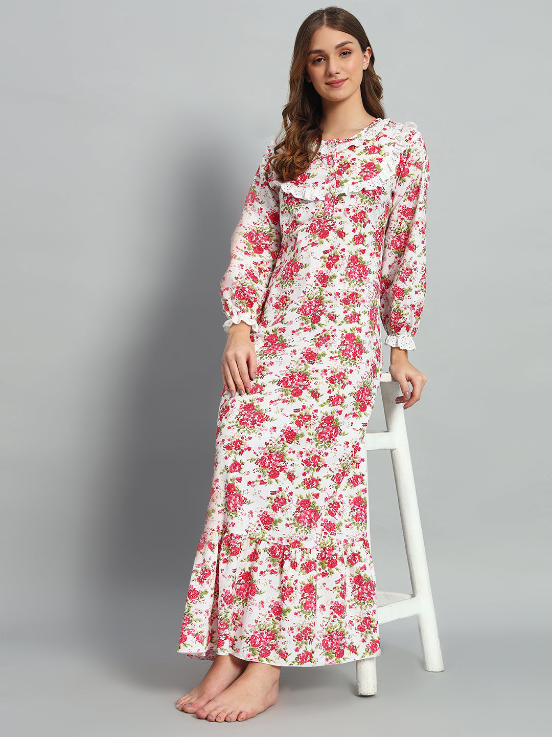 🌸 Pink Floral Printed Night Gown – Soft & Elegant Sleepwear