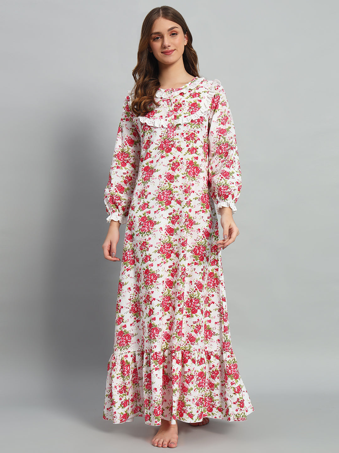 🌸 Pink Floral Printed Night Gown – Soft & Elegant Sleepwear
