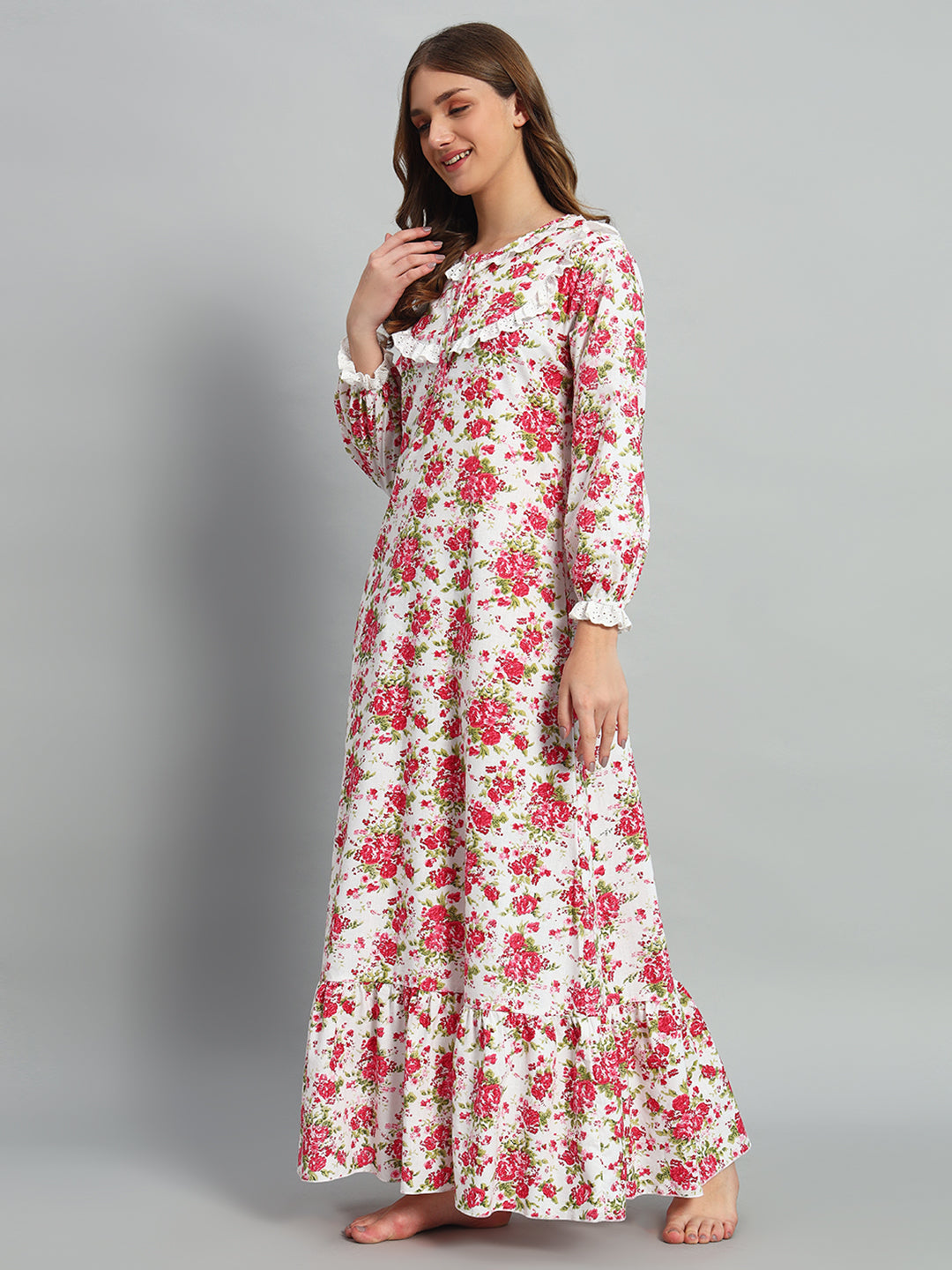 🌸 Pink Floral Printed Night Gown – Soft & Elegant Sleepwear