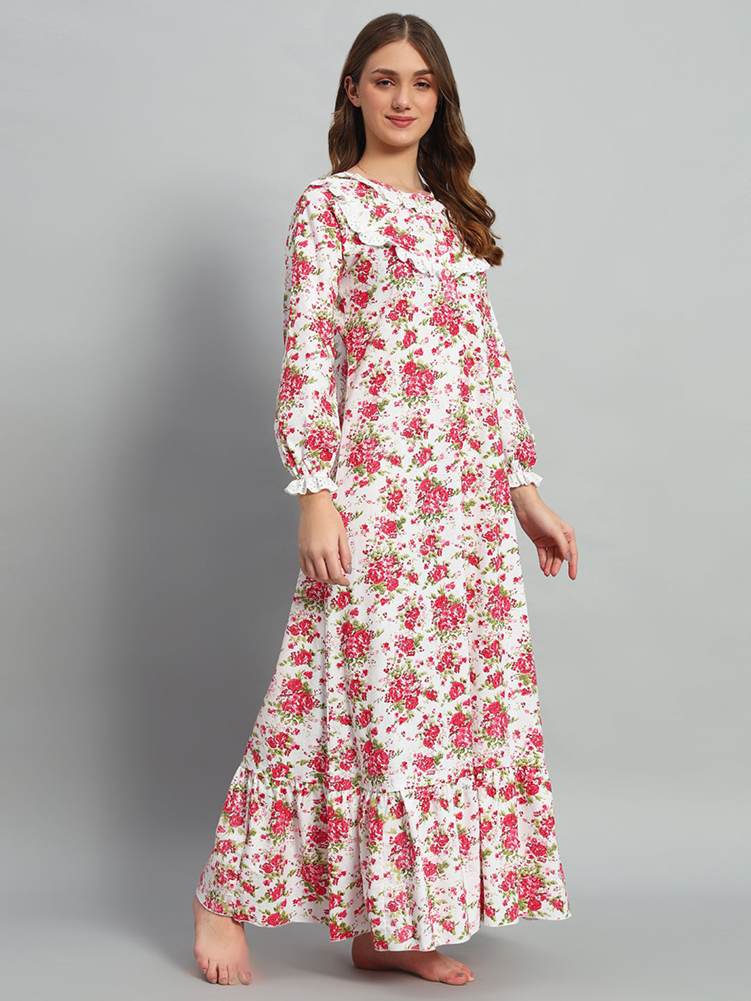 🌸 Pink Floral Printed Night Gown – Soft & Elegant Sleepwear
