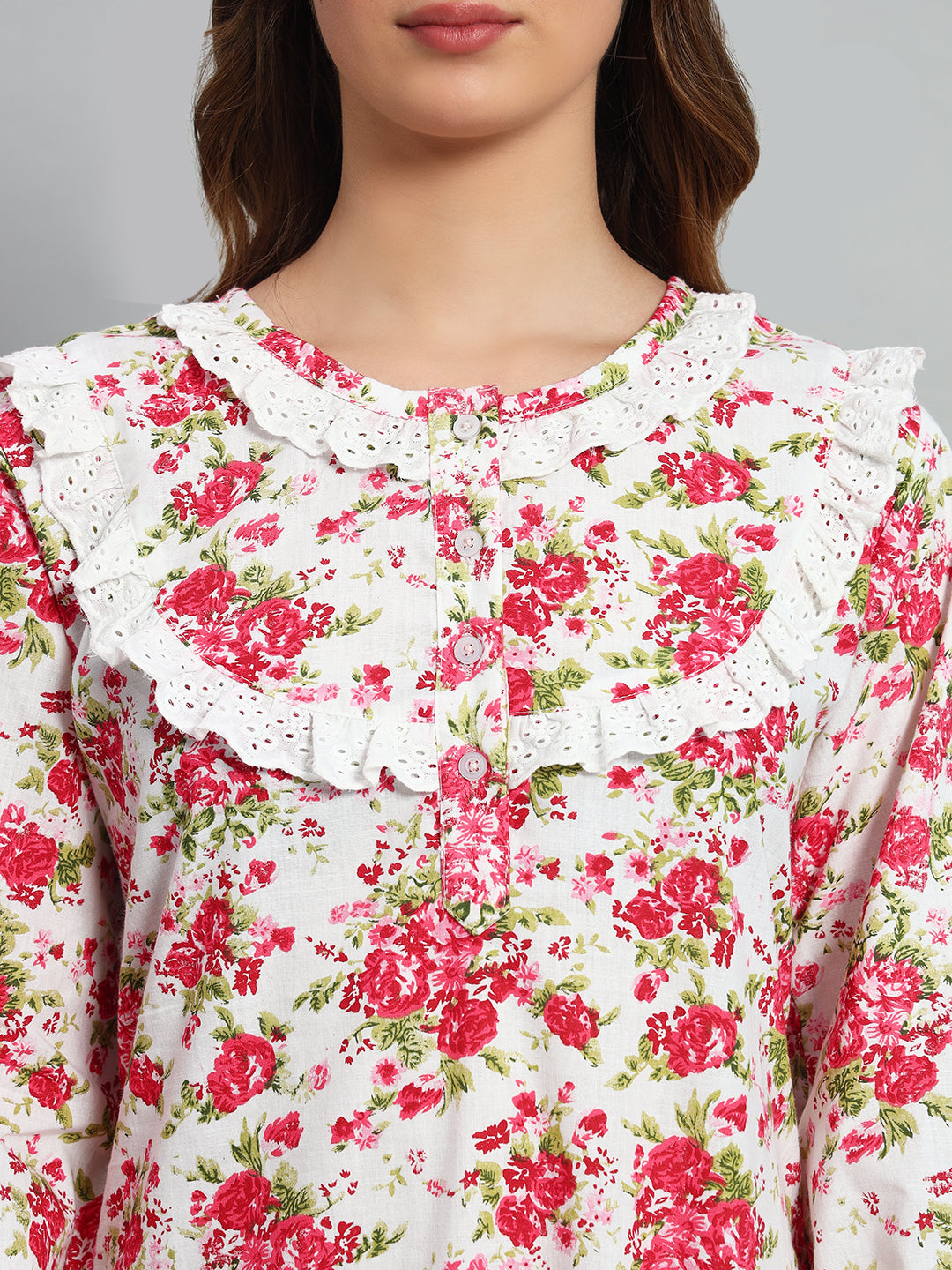 🌸 Pink Floral Printed Night Gown – Soft & Elegant Sleepwear