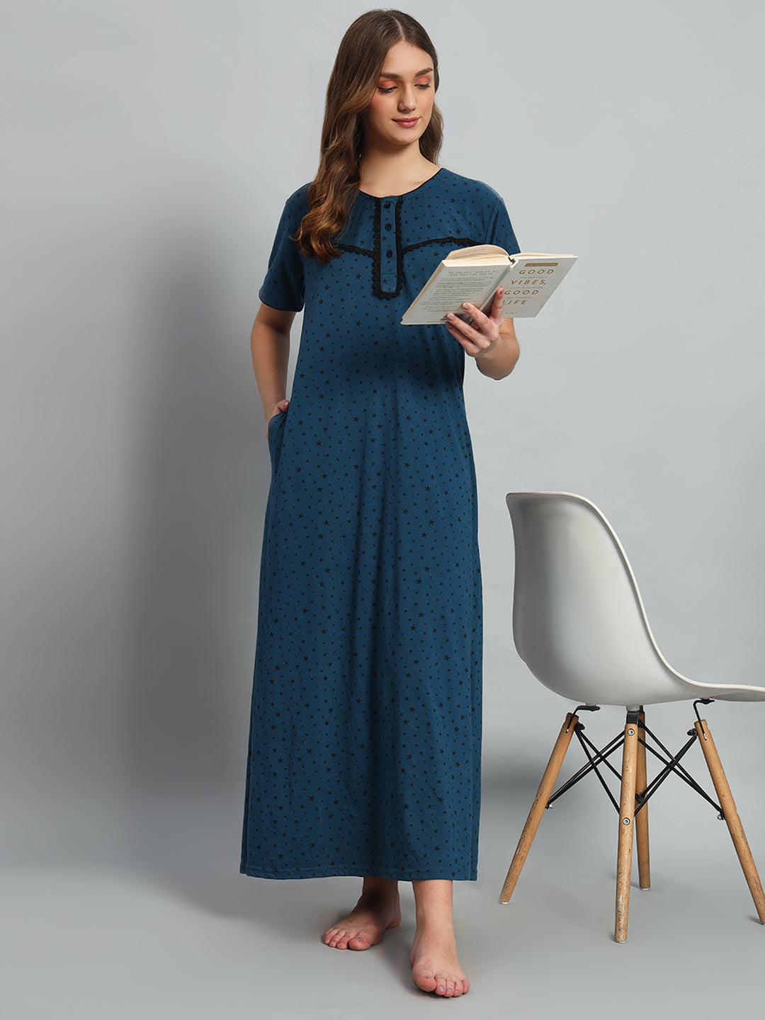💙 Teal Star Printed Cotton Night Gown with Button Neck – Comfortable Maxi Nightwear for Women