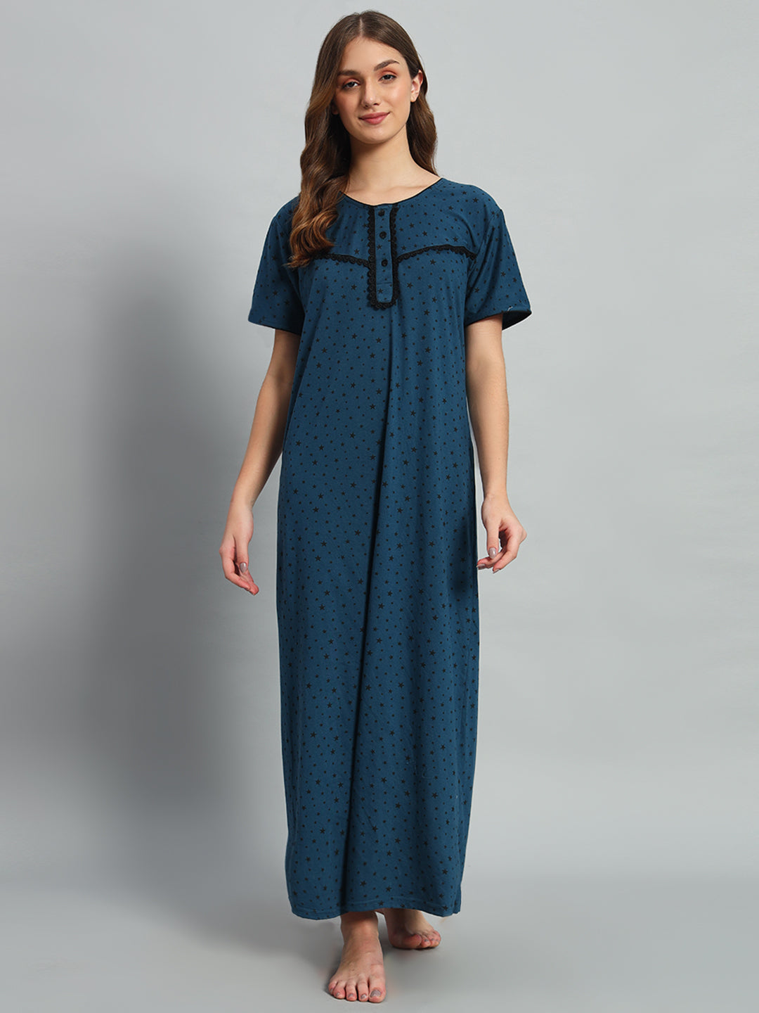 💙 Teal Star Printed Cotton Night Gown with Button Neck – Comfortable Maxi Nightwear for Women