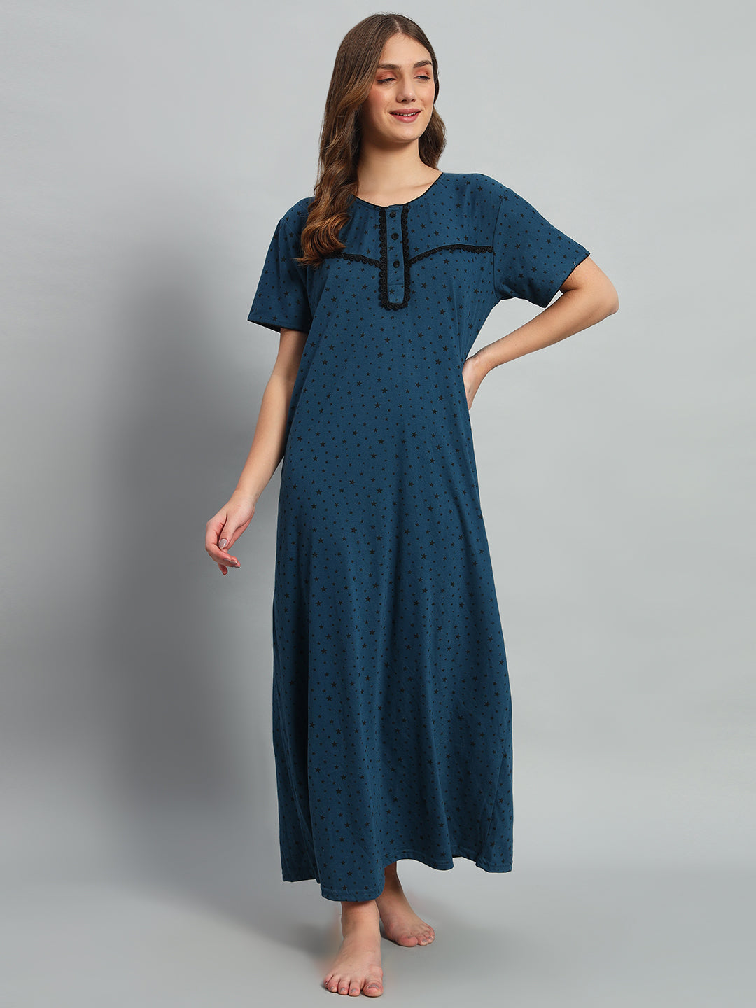 Teal Star Printed Cotton Maxi Night Gown