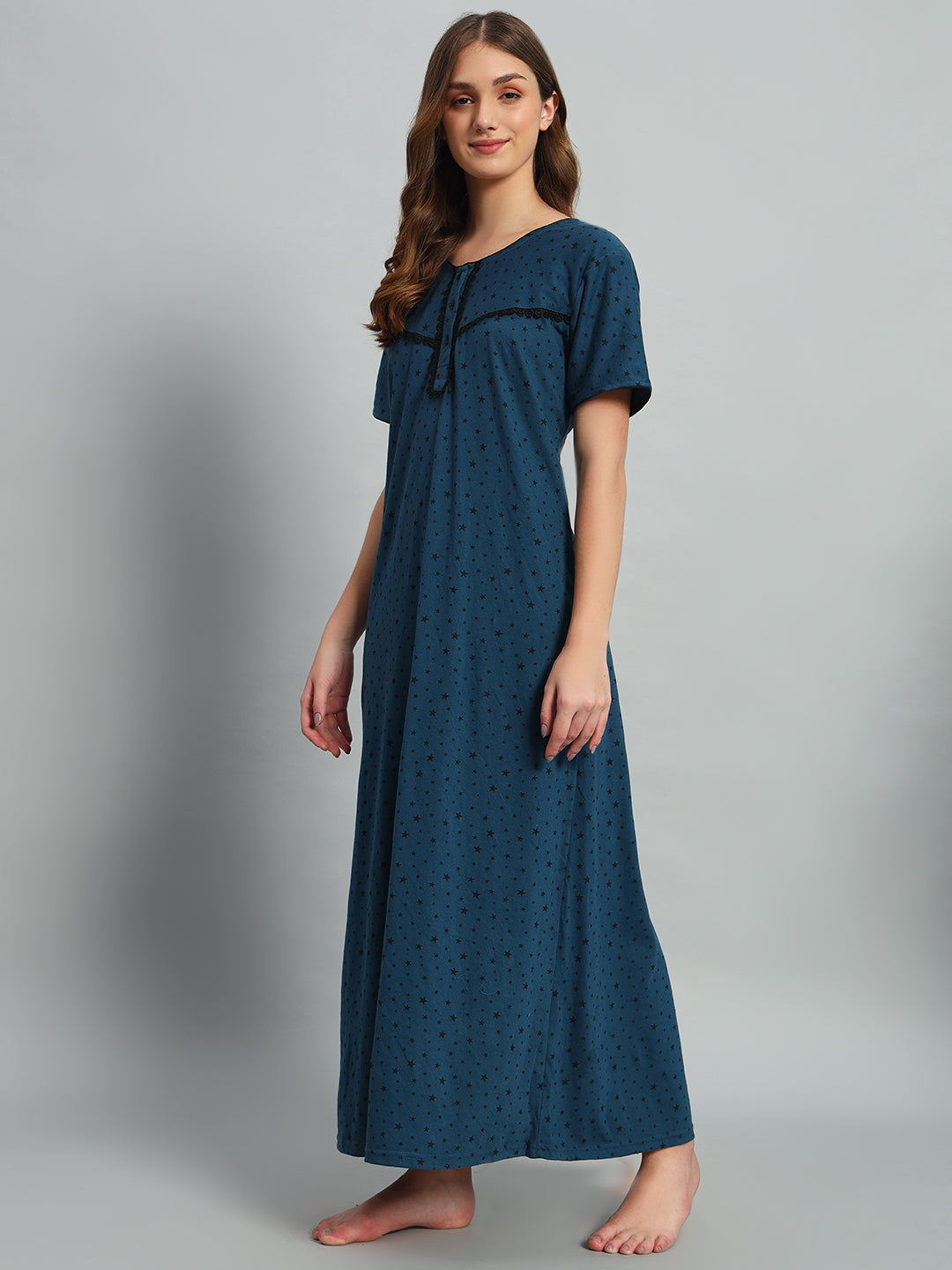 Teal Star Printed Cotton Maxi Night Gown