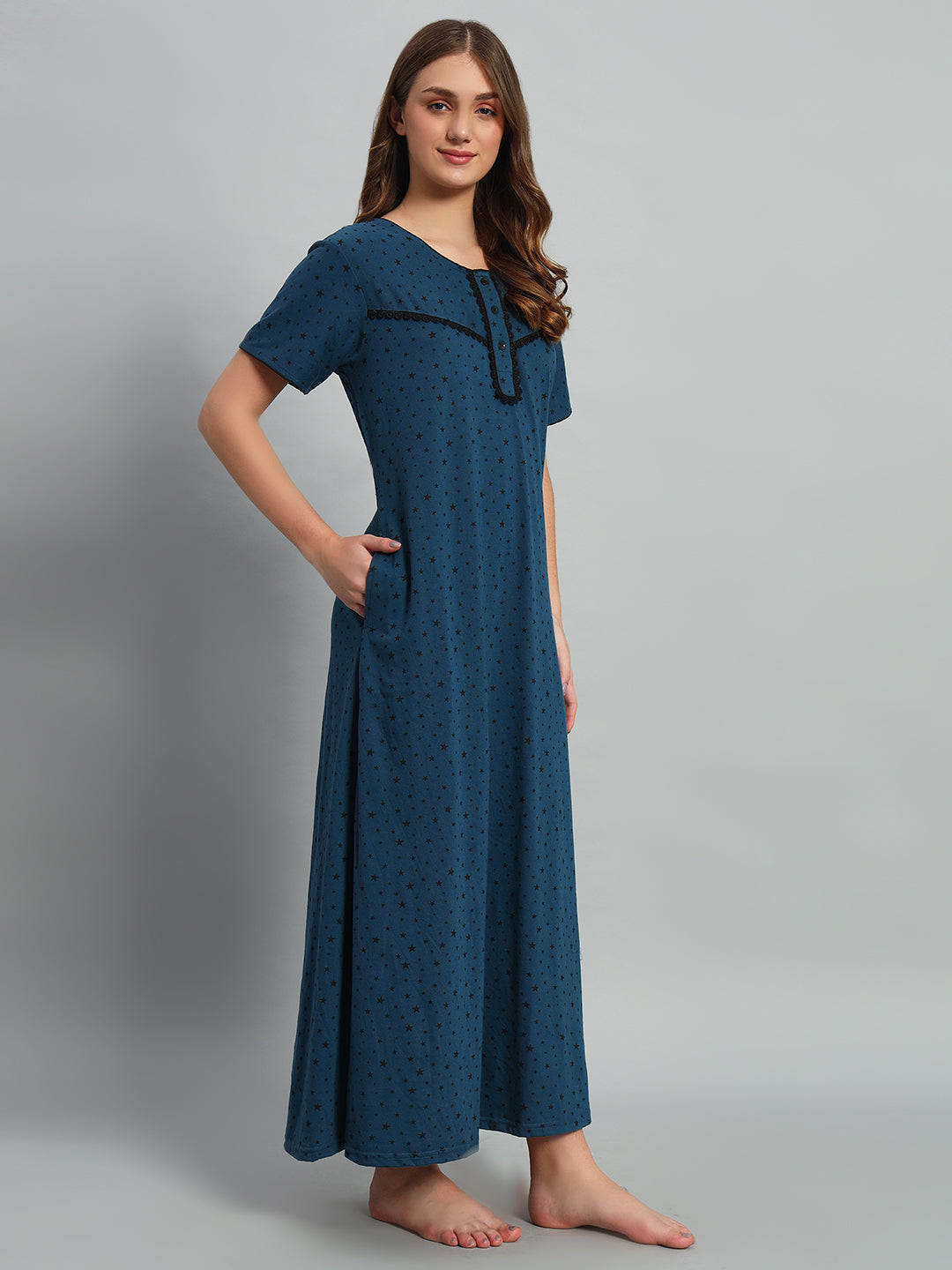 Teal Star Printed Cotton Maxi Night Gown