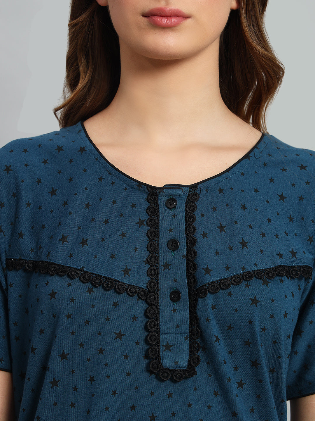 Teal Star Printed Cotton Maxi Night Gown
