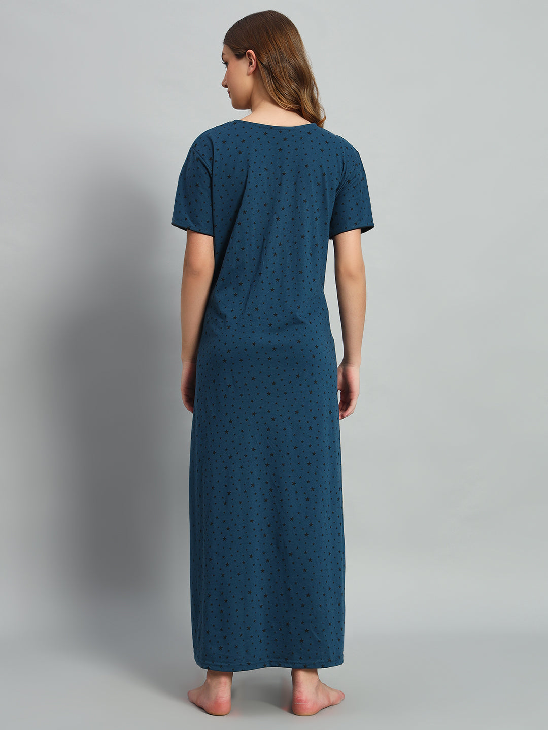 Teal Star Printed Cotton Maxi Night Gown
