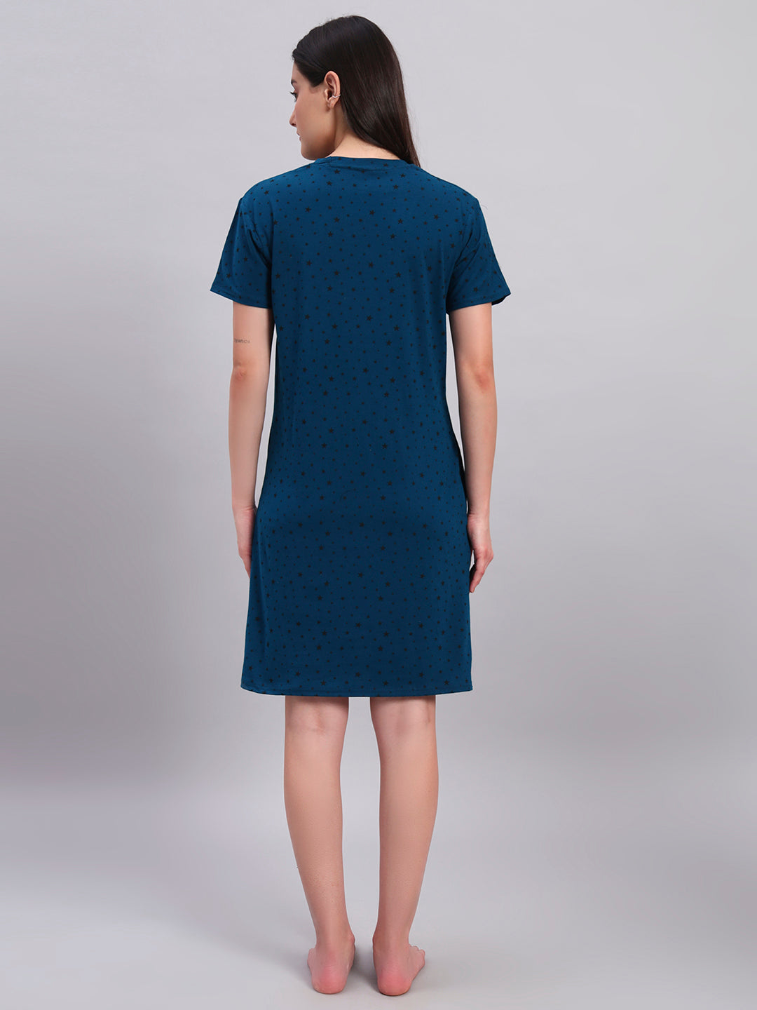 Sephani Women's Teal Blue Hosiery Nightdress | Soft Printed Half Sleeve Nighty with Pocket | Round Neck Sleepwear