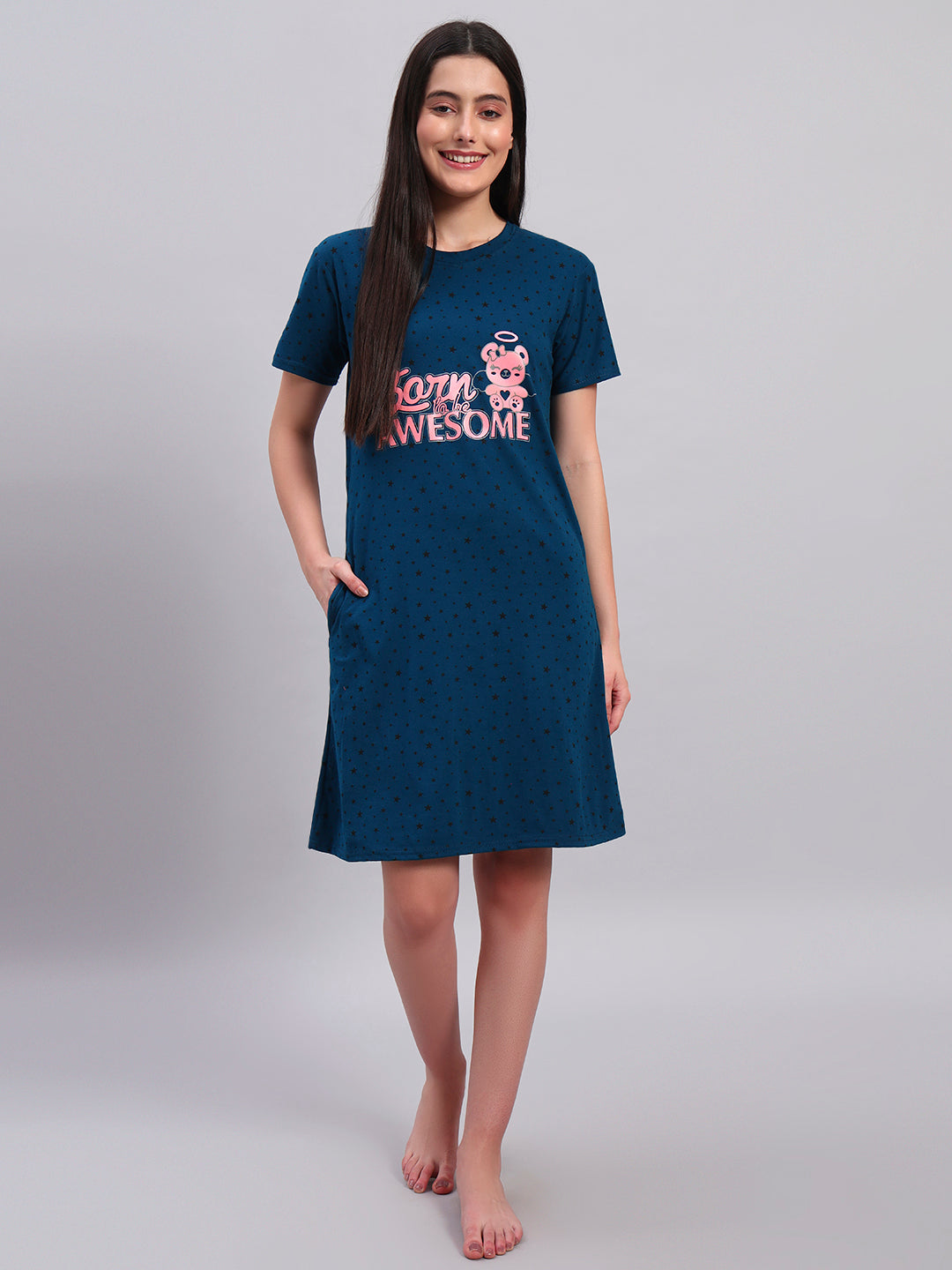 Sephani Women's Teal Blue Hosiery Nightdress | Soft Printed Half Sleeve Nighty with Pocket | Round Neck Sleepwear