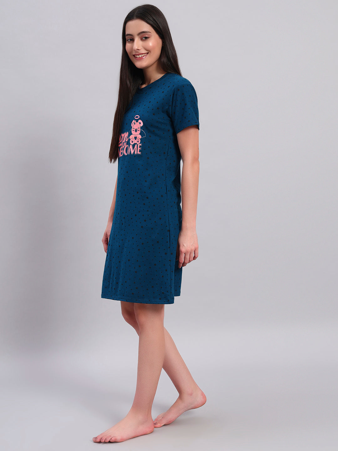 Sephani Women's Teal Blue Hosiery Nightdress | Soft Printed Half Sleeve Nighty with Pocket | Round Neck Sleepwear