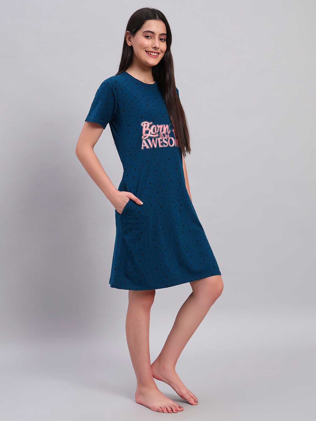Sephani Women's Teal Blue Hosiery Nightdress | Soft Printed Half Sleeve Nighty with Pocket | Round Neck Sleepwear