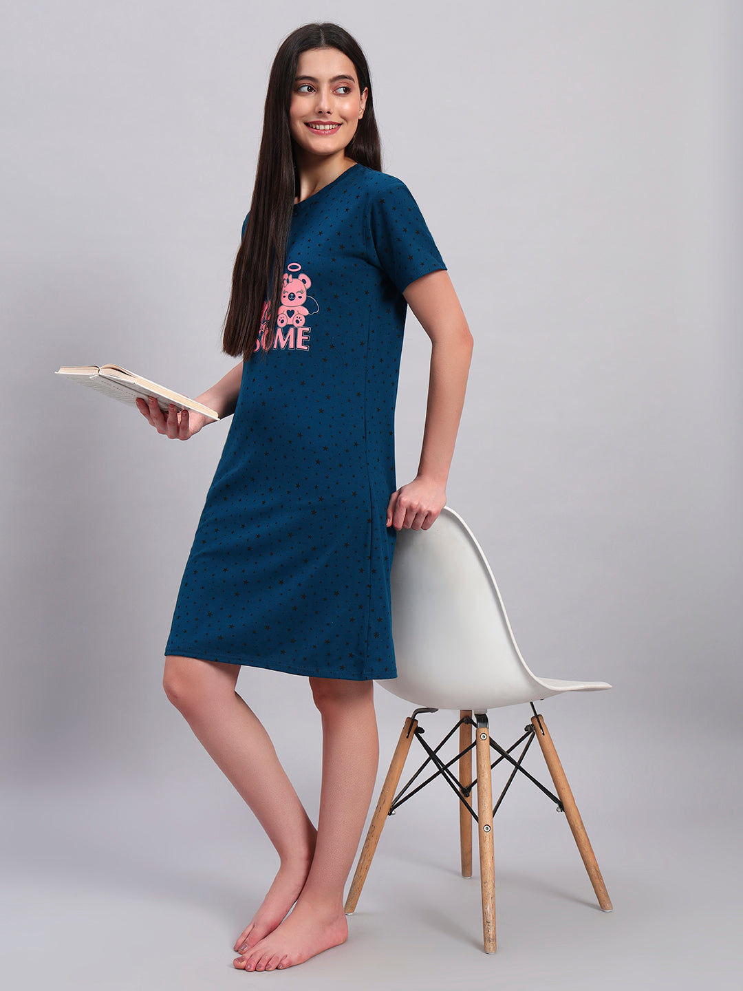 Sephani Women's Teal Blue Hosiery Nightdress | Soft Printed Half Sleeve Nighty with Pocket | Round Neck Sleepwear