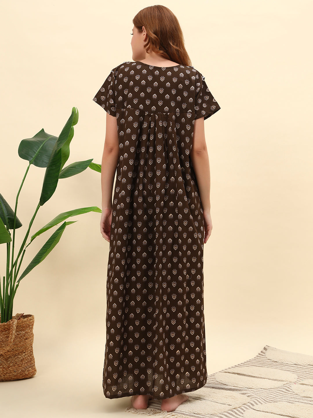 Brown Printed Maxi Cotton Night Gown For Women