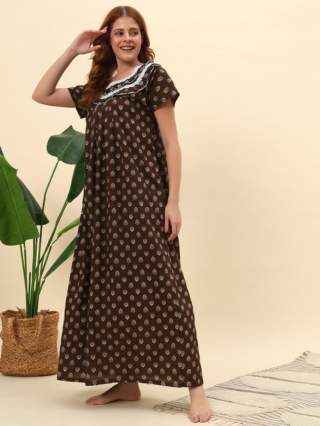 Brown Printed Maxi Cotton Night Gown For Women