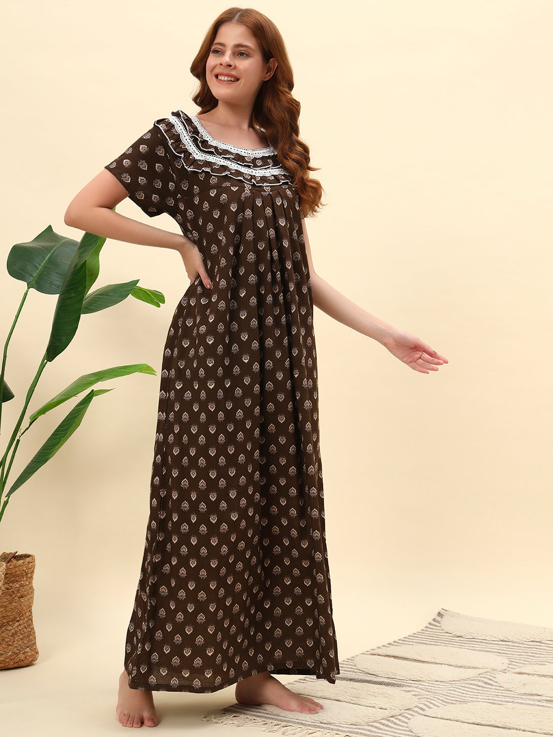 Brown Printed Maxi Cotton Night Gown For Women