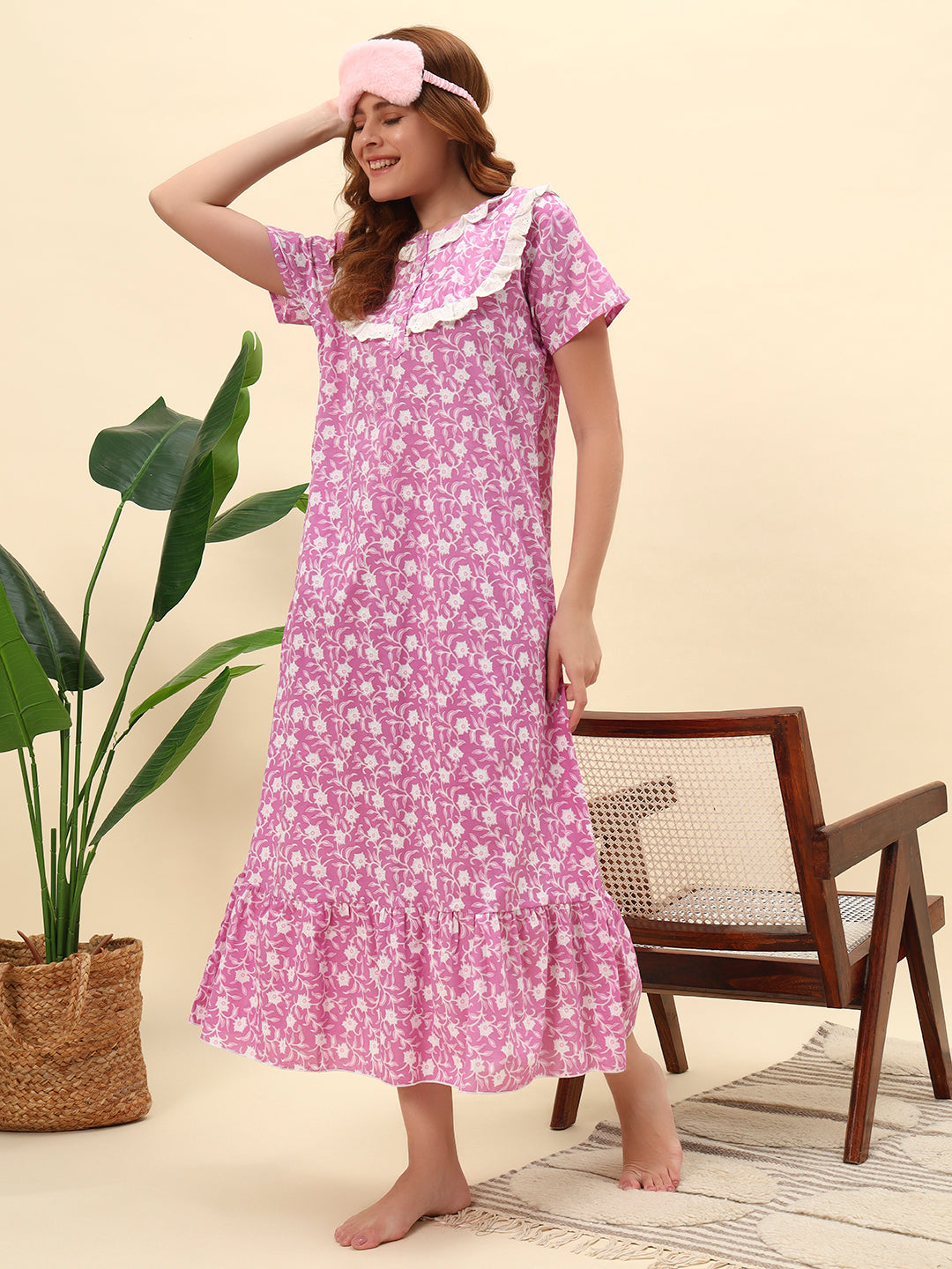💗 Pink Floral Printed Cotton Night Gown with Lace Yoke – Soft & Comfortable Maxi Nightwear for Women
