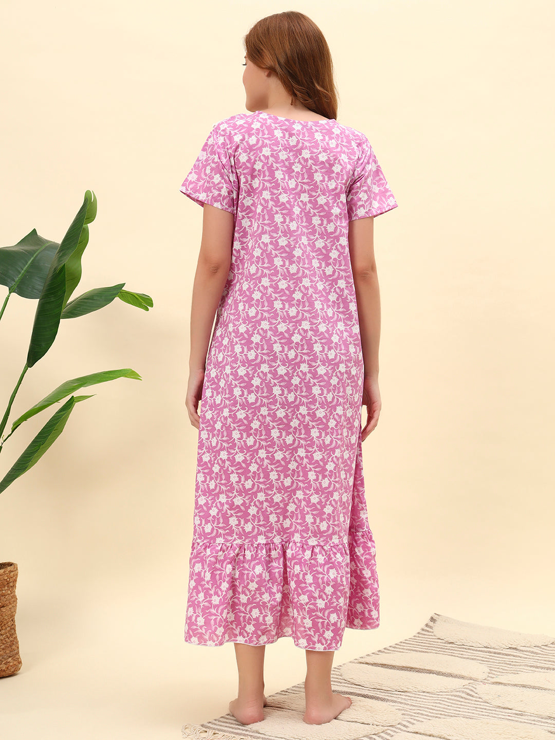 Pink Floral Printed With Lace Yoke Cotton Maxi Nightwear for Women