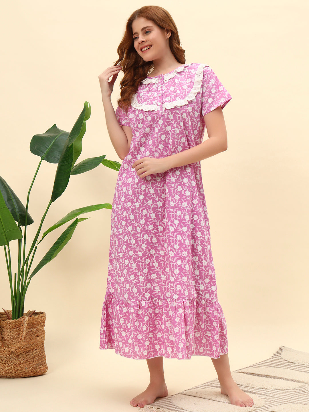 💗 Pink Floral Printed Cotton Night Gown with Lace Yoke – Soft & Comfortable Maxi Nightwear for Women