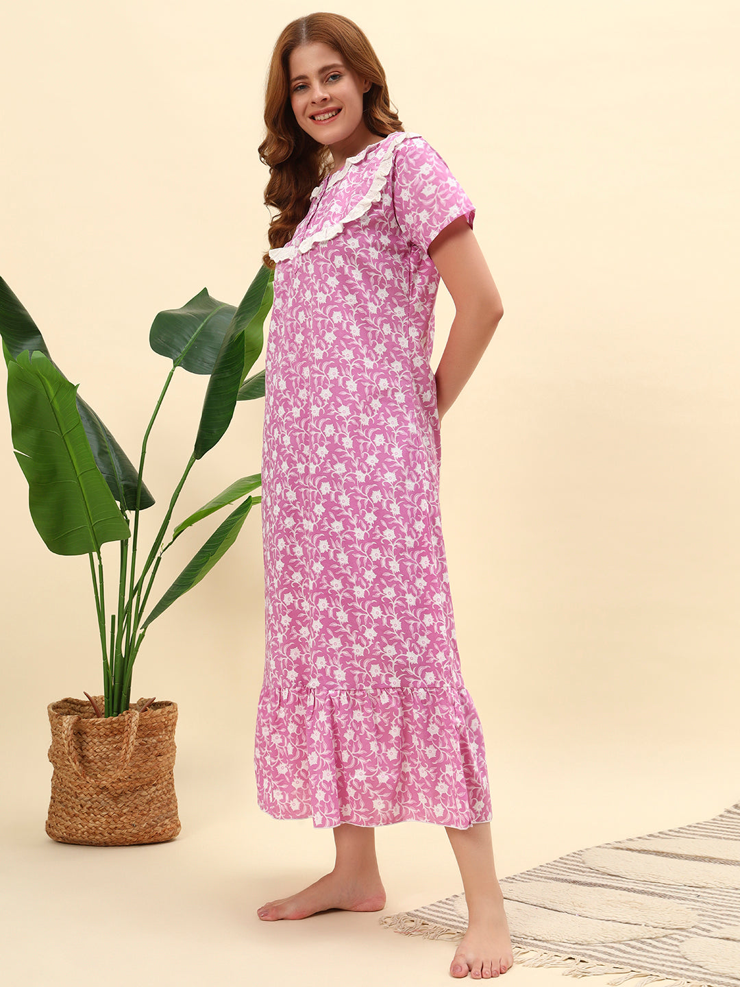 Pink Floral Printed With Lace Yoke Cotton Maxi Nightwear for Women