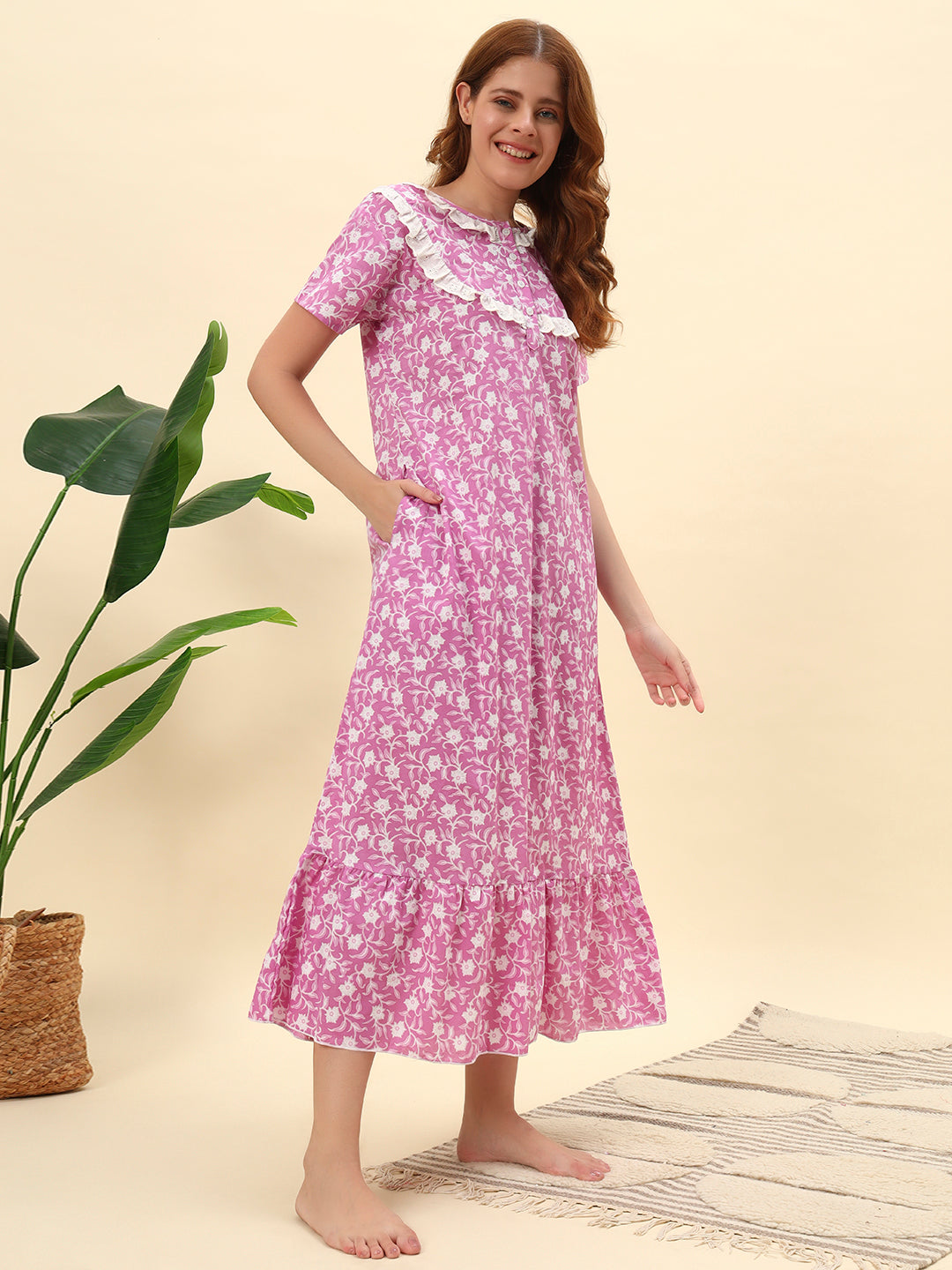 Pink Floral Printed With Lace Yoke Cotton Maxi Nightwear for Women