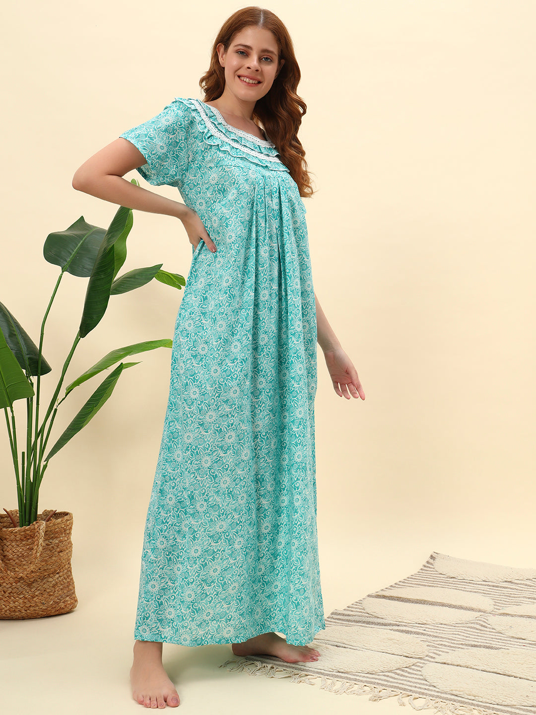 💚 Sea Green Printed Cotton Night Gown with Lace Neck – Comfortable Maxi Nightwear for Women