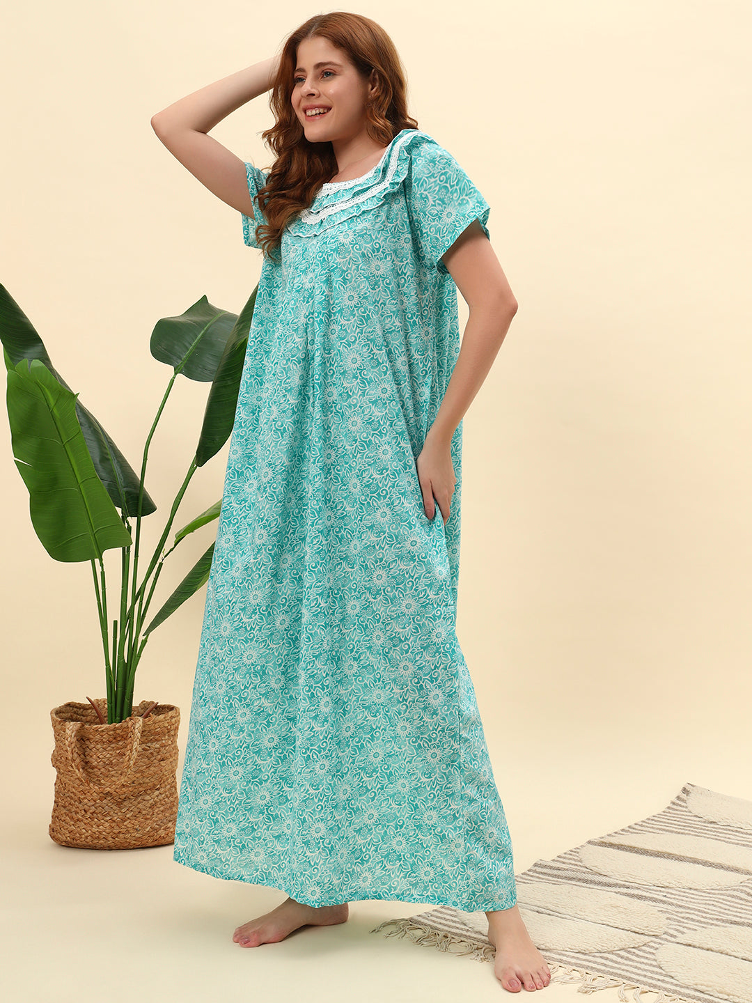💚 Sea Green Printed Cotton Night Gown with Lace Neck – Comfortable Maxi Nightwear for Women
