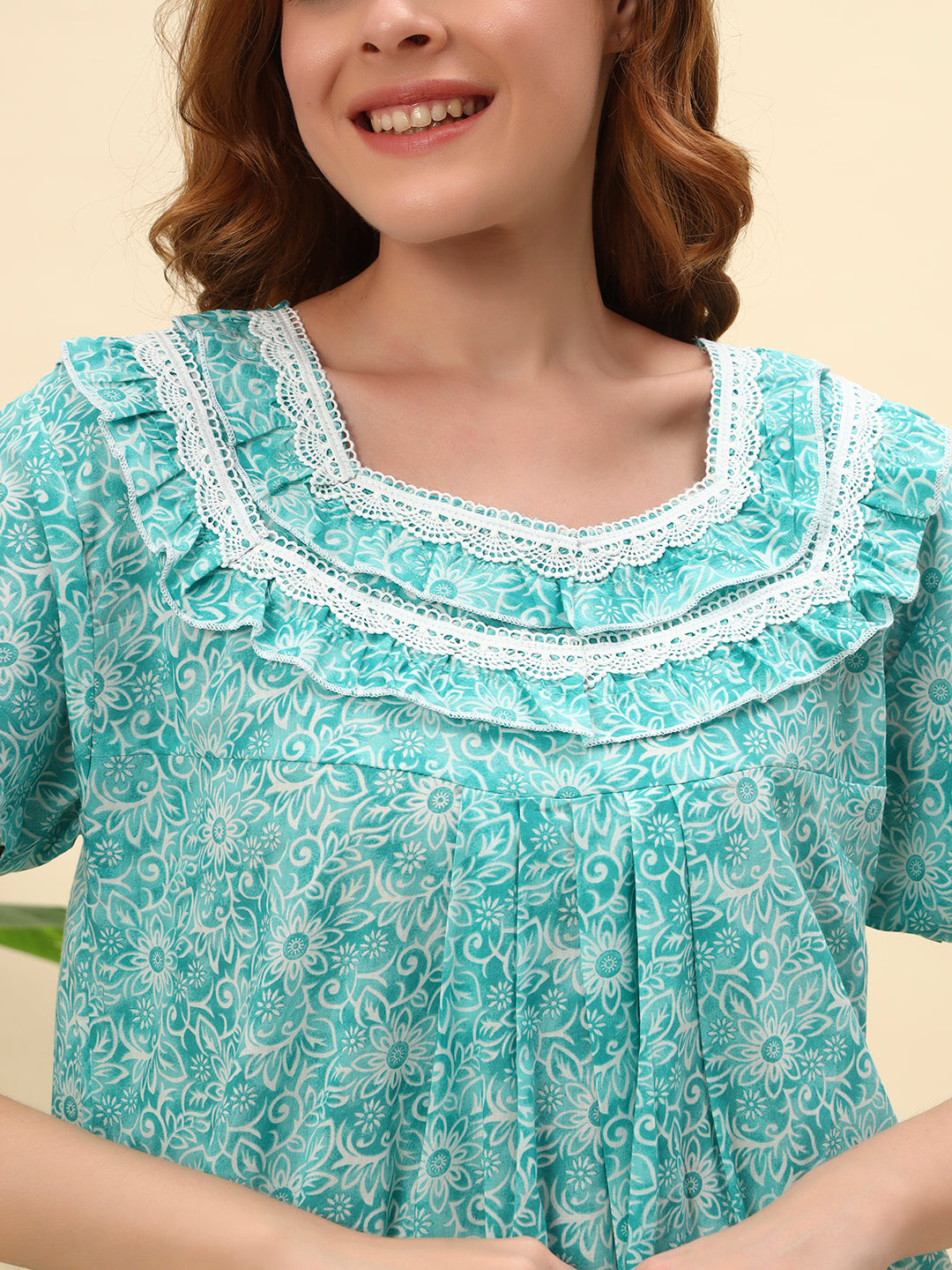 💚 Sea Green Printed Cotton Night Gown with Lace Neck – Comfortable Maxi Nightwear for Women