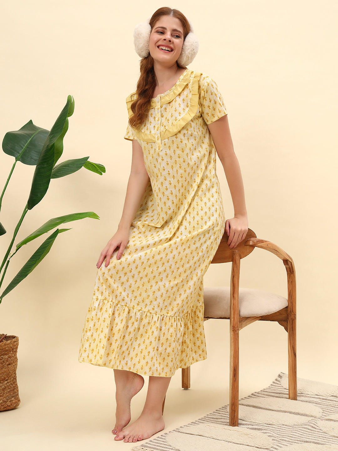 💛 Yellow Printed Cotton Night Gown with Frill Collar – Comfortable Maxi Nightwear for Women