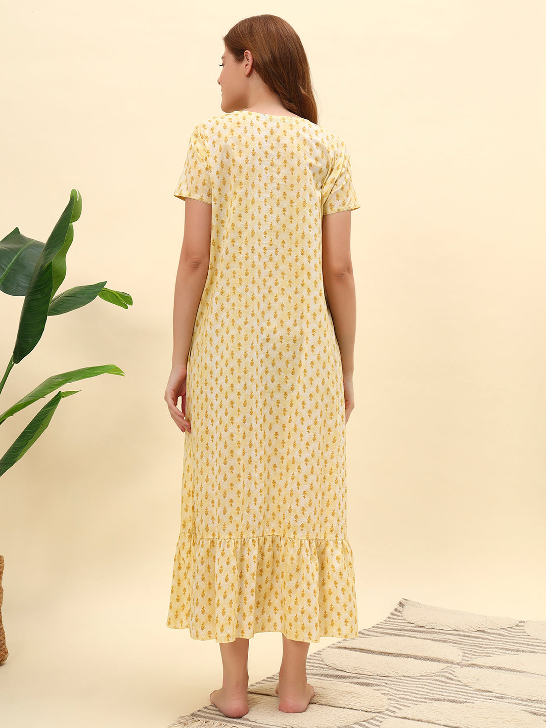 Yellow Printed With Frill Collar Cotton Maxi Night Gown Women