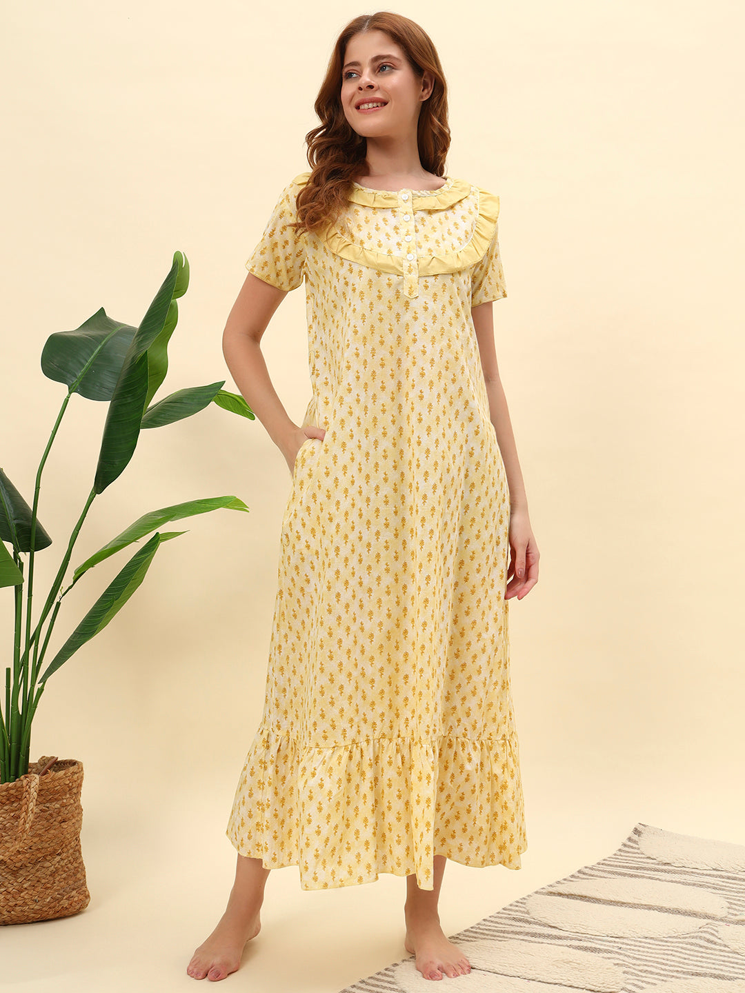 💛 Yellow Printed Cotton Night Gown with Frill Collar – Comfortable Maxi Nightwear for Women