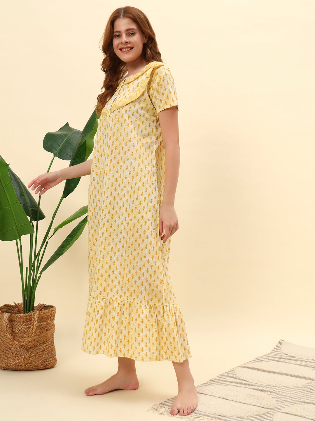 Yellow Printed With Frill Collar Cotton Maxi Night Gown Women