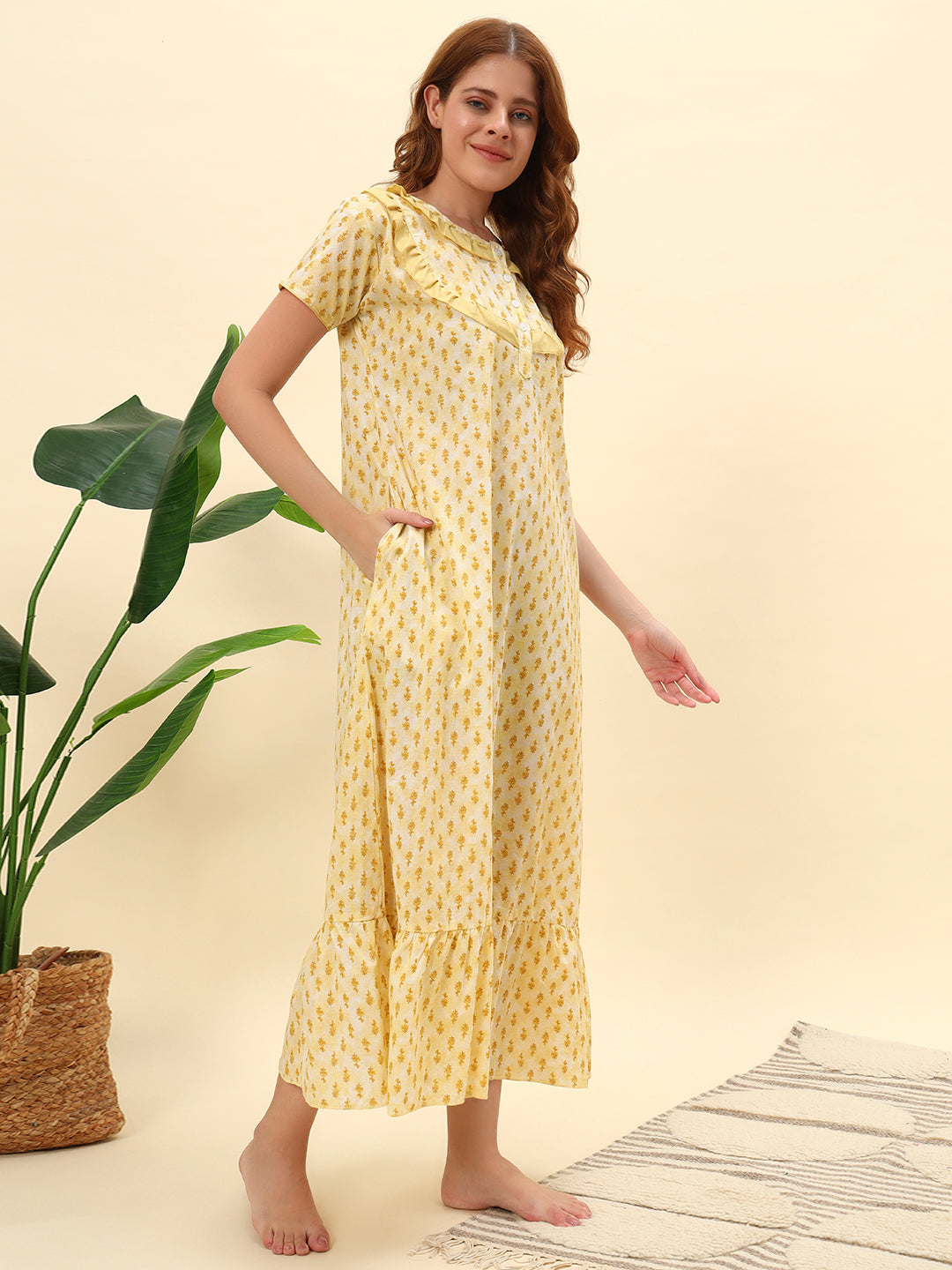 Yellow Printed With Frill Collar Cotton Maxi Night Gown Women