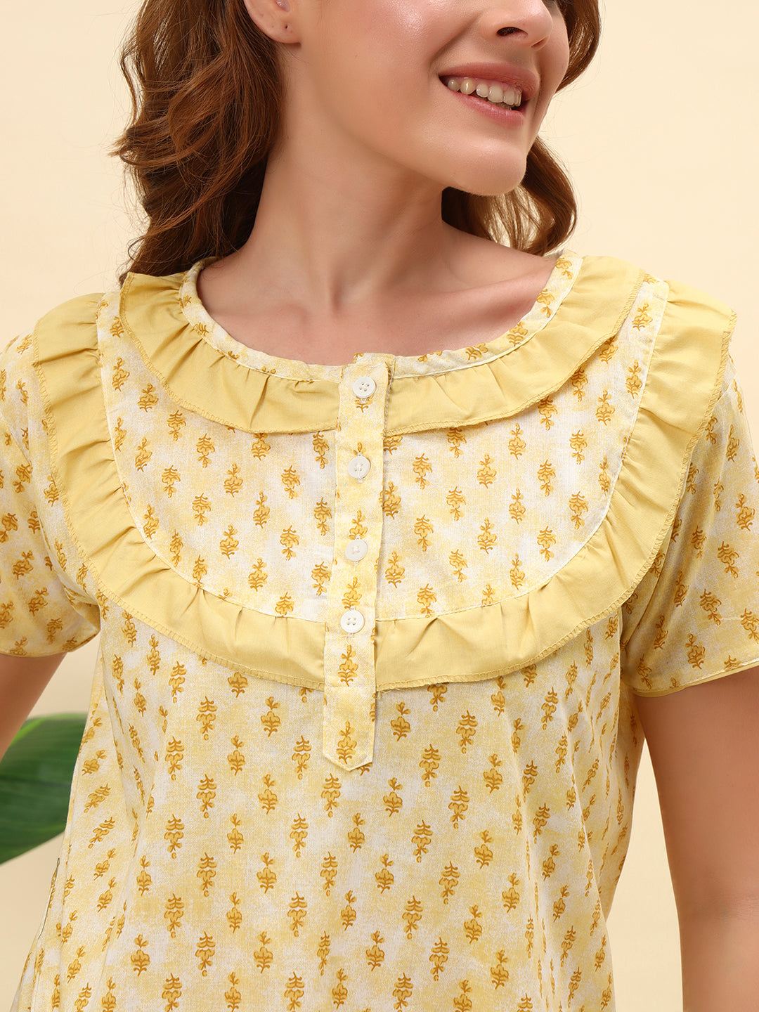 Yellow Printed With Frill Collar Cotton Maxi Night Gown Women
