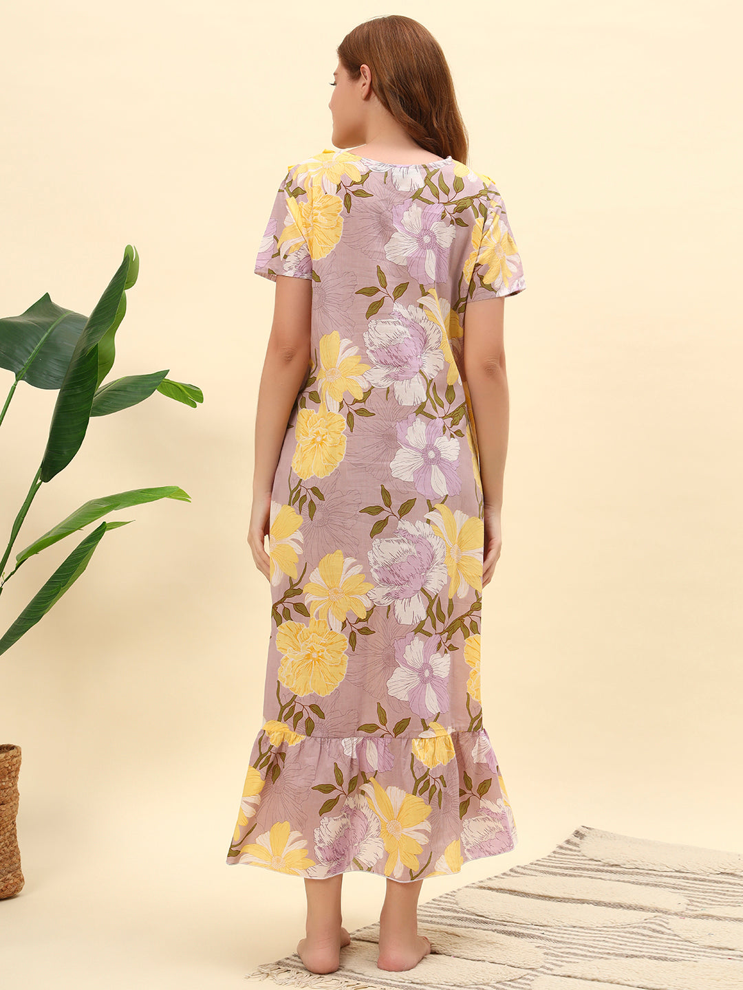 Lavender With Yellow Frill Neck Floral Printed Cotton Maxi Nightwear for Women
