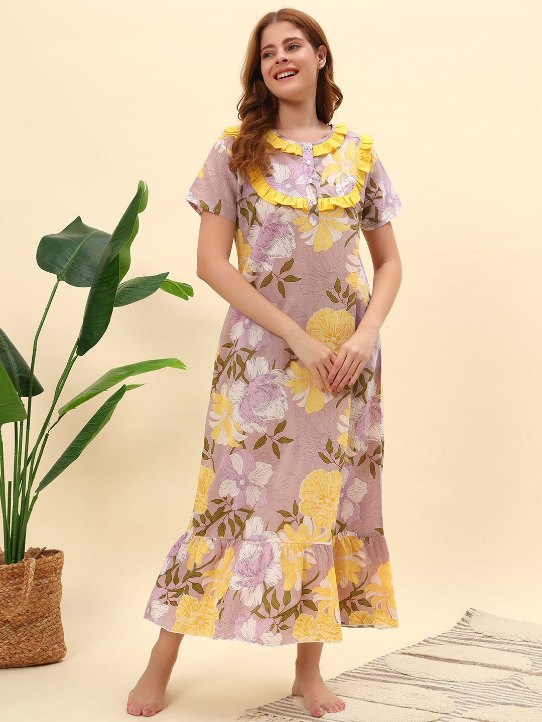 🌼 Lavender Floral Printed Cotton Night Gown with Yellow Frill Neck – Comfortable Maxi Nightwear for Women