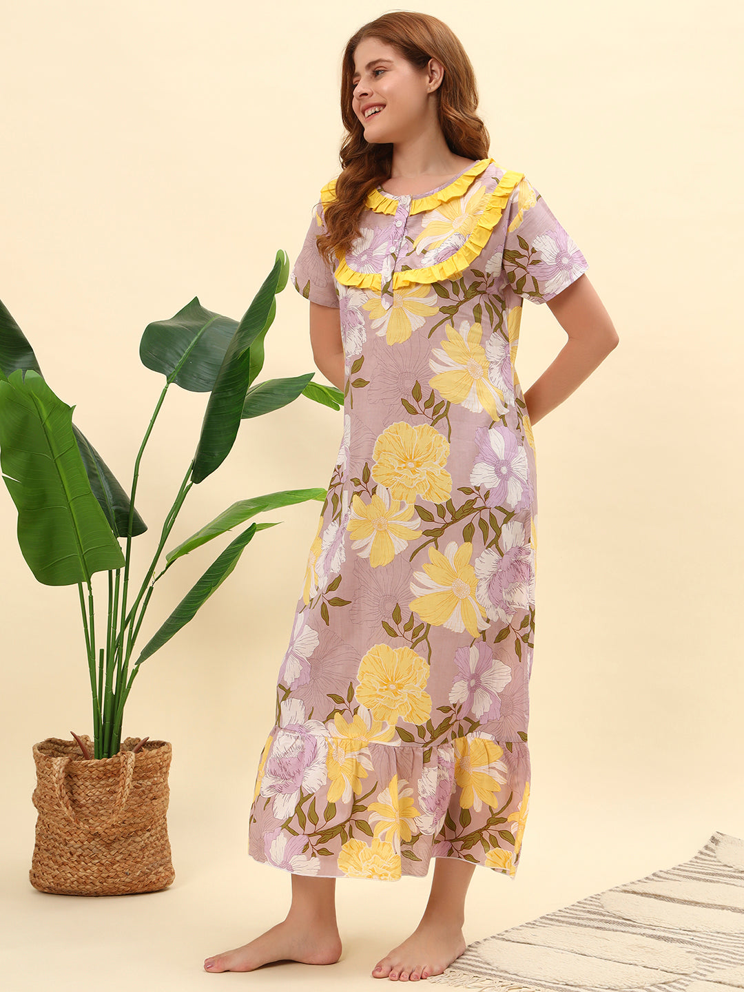 Lavender With Yellow Frill Neck Floral Printed Cotton Maxi Nightwear for Women