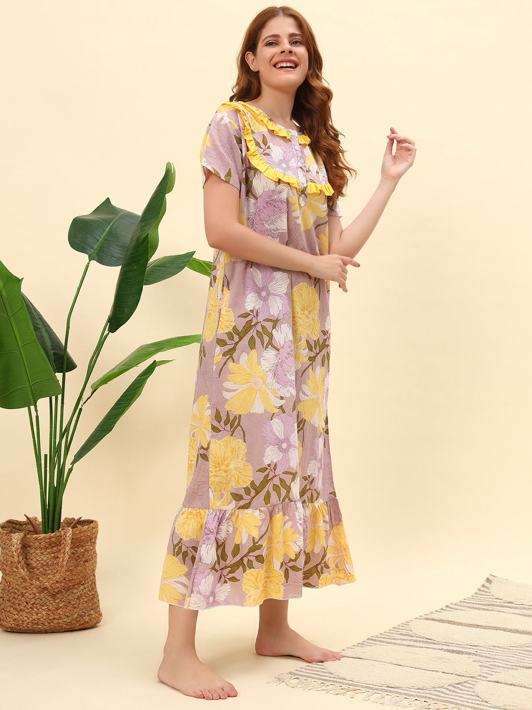 Lavender With Yellow Frill Neck Floral Printed Cotton Maxi Nightwear for Women