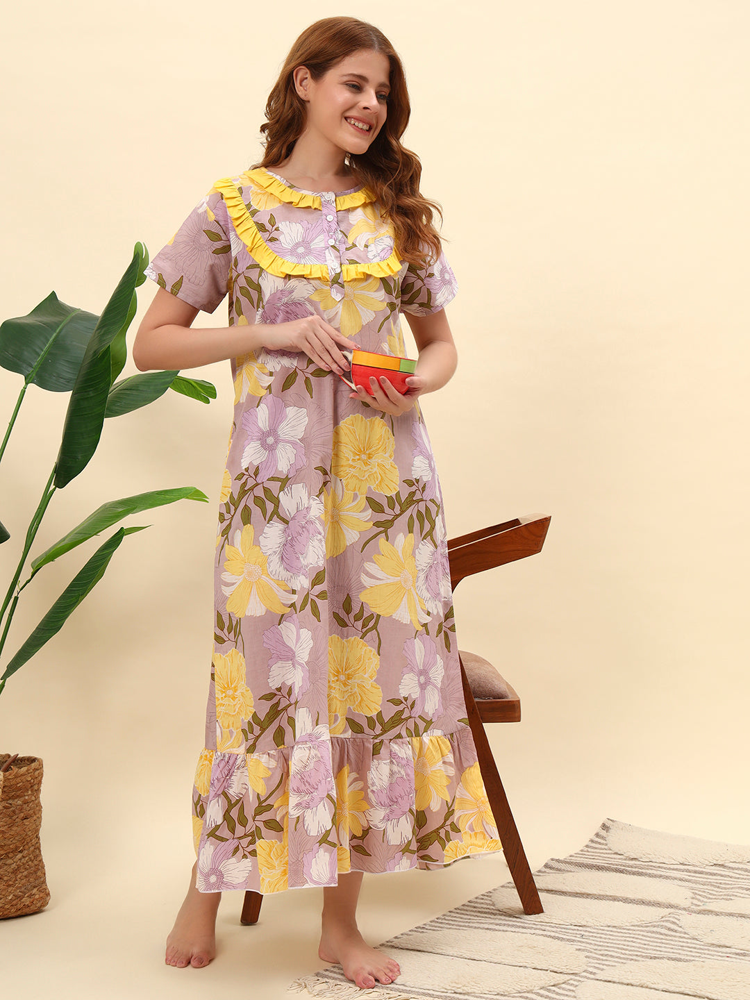 🌼 Lavender Floral Printed Cotton Night Gown with Yellow Frill Neck – Comfortable Maxi Nightwear for Women