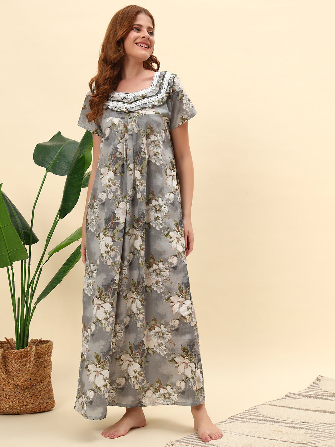 🌸 Grey Floral Printed Cotton Night Gown with Lace Detail – Elegant Maxi Nightwear