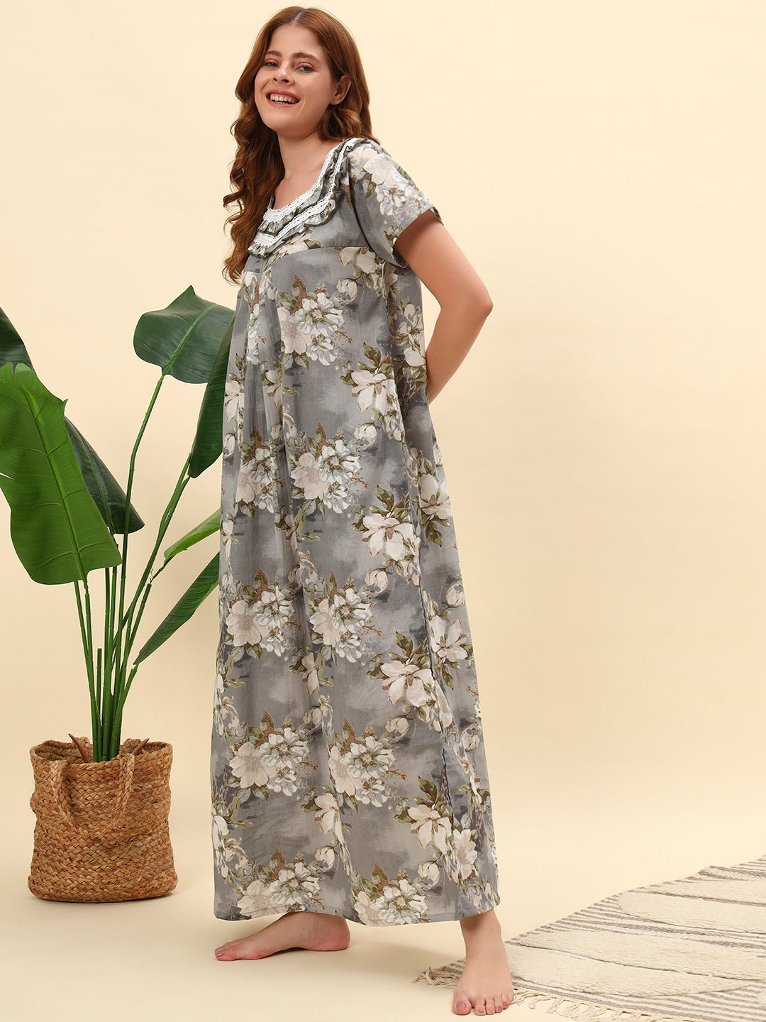 Grey Floral Printed Cotton Night Gown with Lace Detail – Elegant Maxi Nightwear For Women