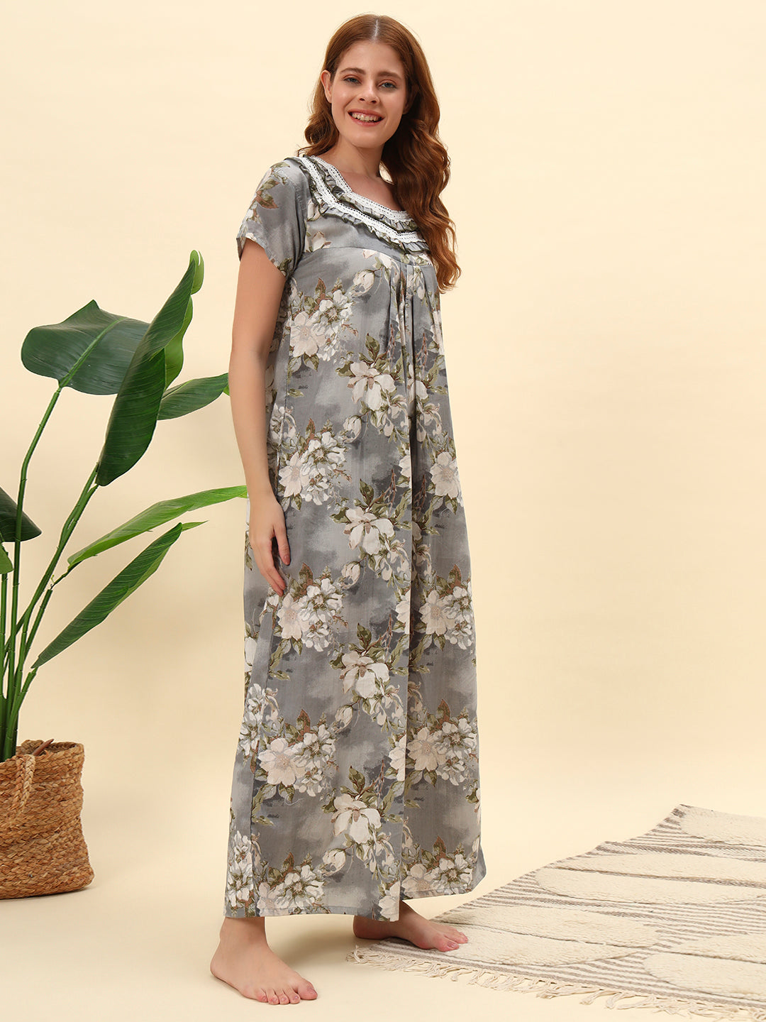 Grey Floral Printed Cotton Night Gown with Lace Detail – Elegant Maxi Nightwear For Women