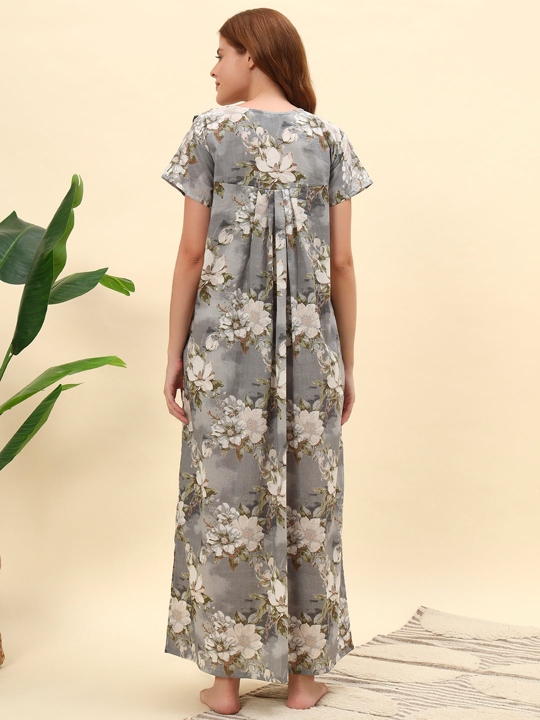 Grey Floral Printed Cotton Night Gown with Lace Detail – Elegant Maxi Nightwear For Women