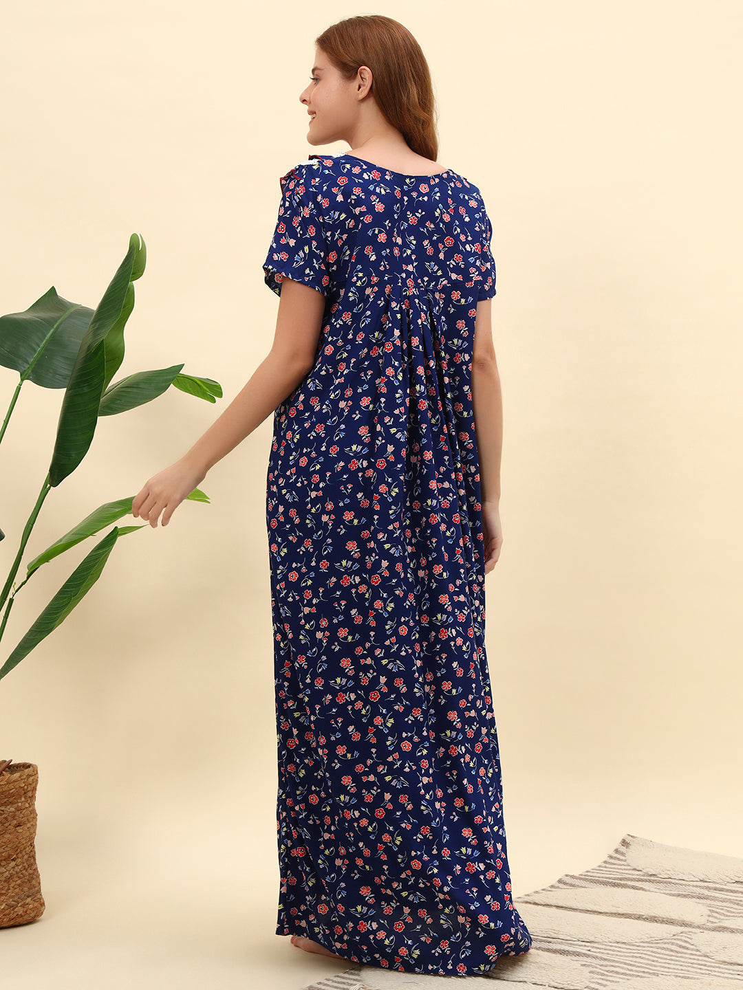 💙 Navy Blue Floral Printed Cotton Night Gown – Stylish & Comfortable Maxi Nightwear