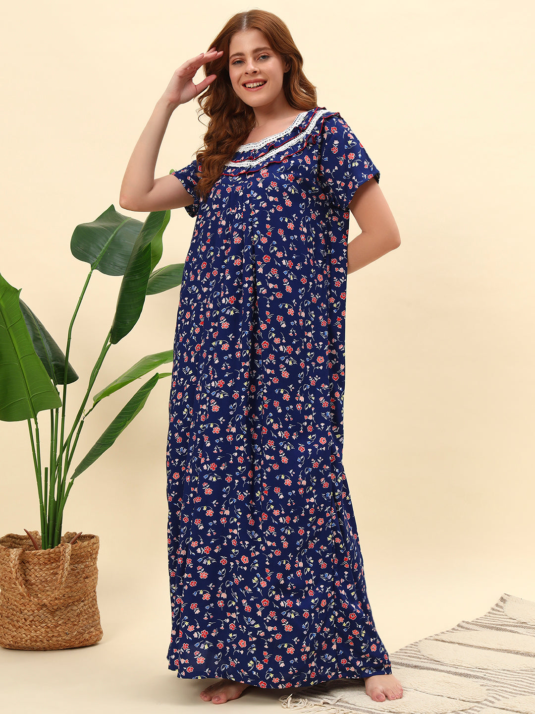 💙 Navy Blue Floral Printed Cotton Night Gown – Stylish & Comfortable Maxi Nightwear