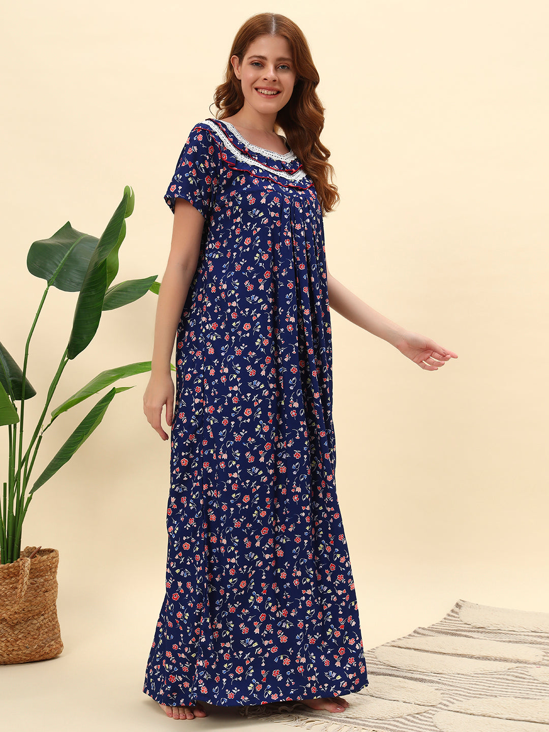 💙 Navy Blue Floral Printed Cotton Night Gown – Stylish & Comfortable Maxi Nightwear