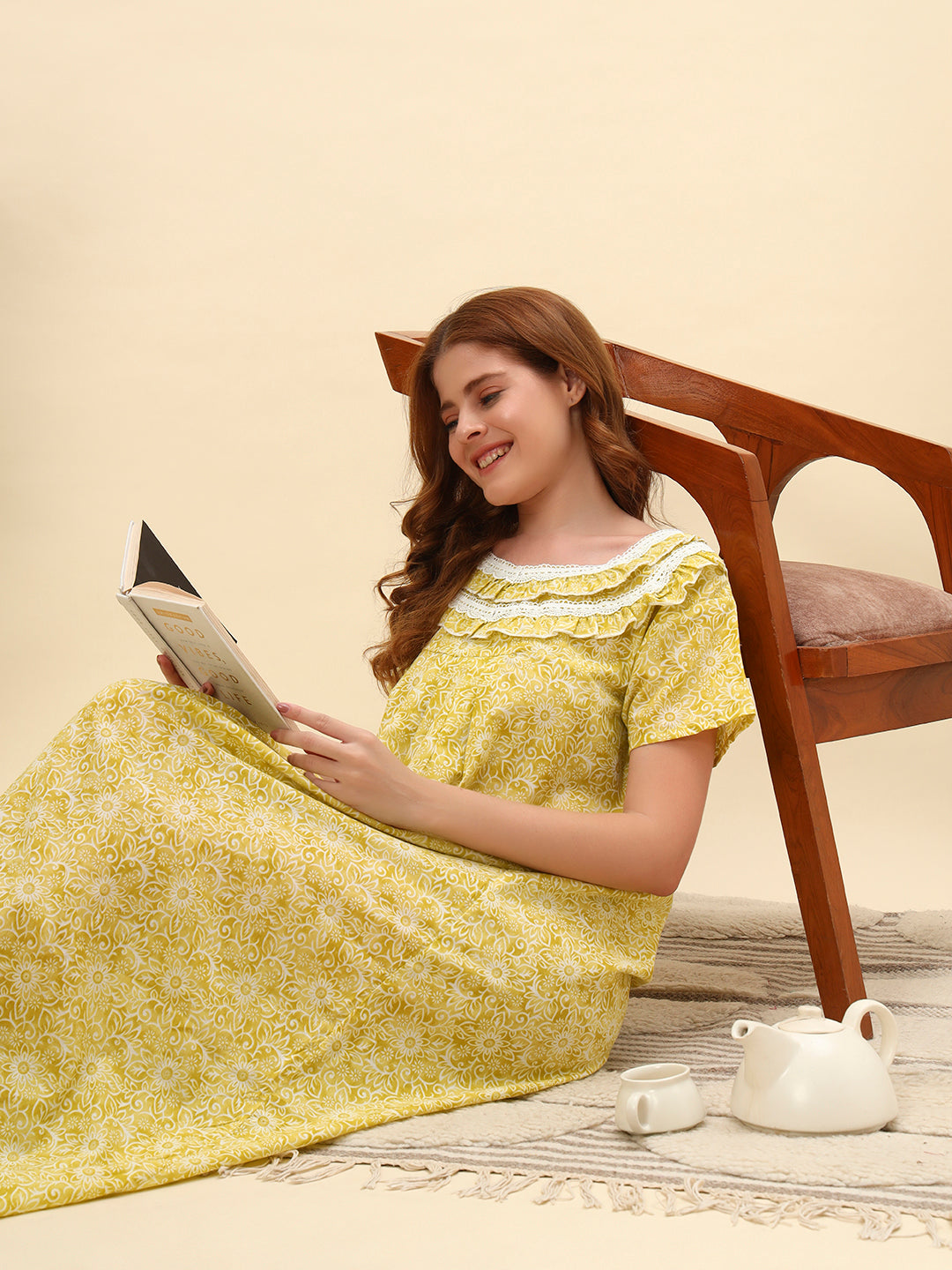 Yellow Printed Cotton Night Gown with Lace Neck – Comfortable Maxi Nightwear for Women