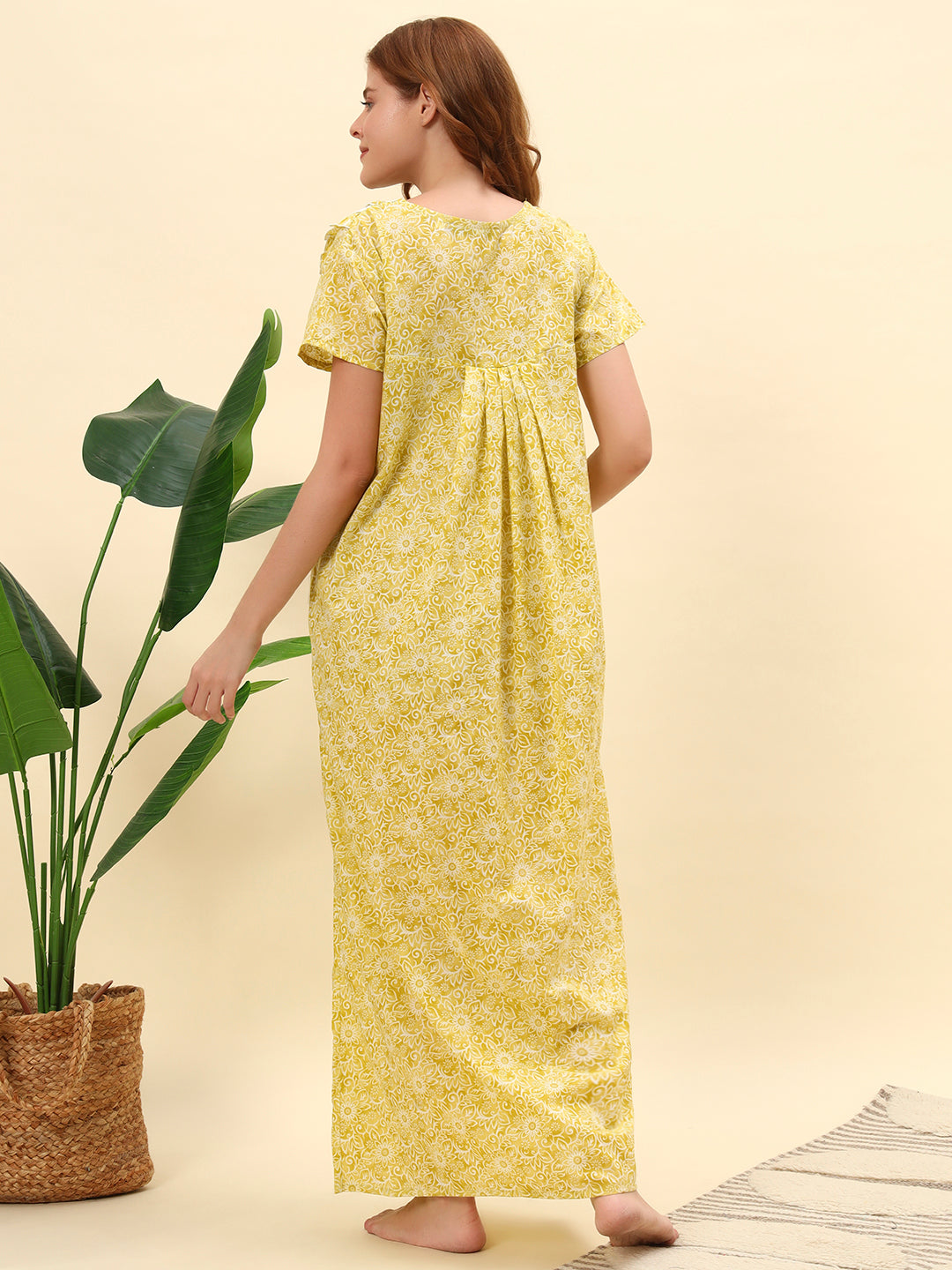 Yellow Printed Cotton Night Gown with Lace Neck – Comfortable Maxi Nightwear for Women