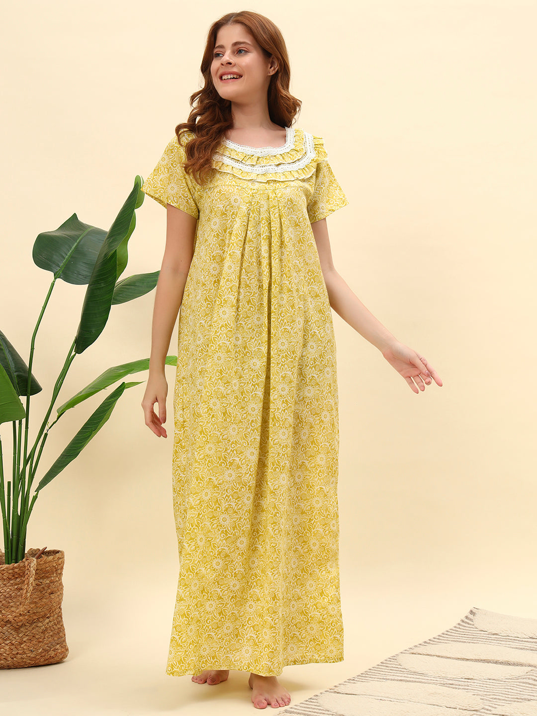 Yellow Printed Cotton Night Gown with Lace Neck – Comfortable Maxi Nightwear for Women