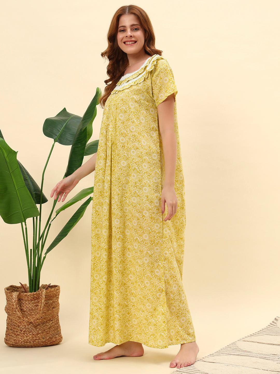 Yellow Printed Cotton Night Gown with Lace Neck – Comfortable Maxi Nightwear for Women